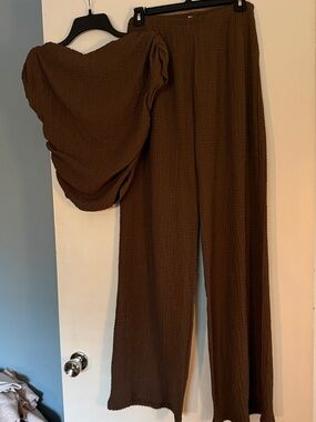 BSL Women’s Brown Wide-Leg Textured Pant & Shirt Set S
